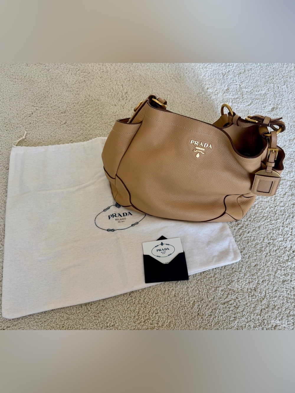PRADA Vitello Daino Leather Side Pocket Hobo Shoulder Bag - Beige/Camel Gold - Picture 3 of 10